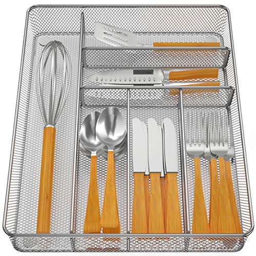 Pipishell Mesh Drawer Organizer Tray for Cutlery Silverware Flatware 6 Compartments Kitchen Utensils Holder with Anti-slip Mats Drawer Dividers for Knives Fork Spoon Office Supplies Large