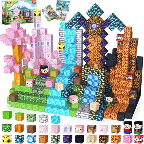 GraceDuck Magnetische Bausteine, 200 Teile Magnetbausteine Bauen Dark Forest & Pink Castle, Magnetic Blocks Bauwelt Spielzeug für Jungen und Mädchen, Magnetblöcke Geschenke für Kinder ab 3-9 Jahren