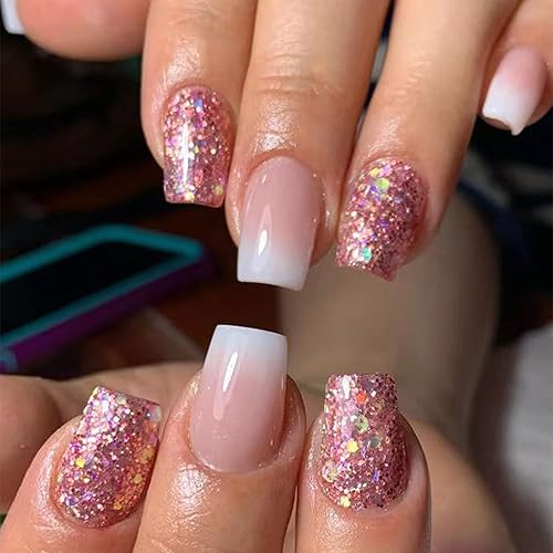 Uñas postizas cuadradas cortas a presión uñas postizas de cobertura completa con diseño de purpurina uñas acrílicas adhesivas brillantes para