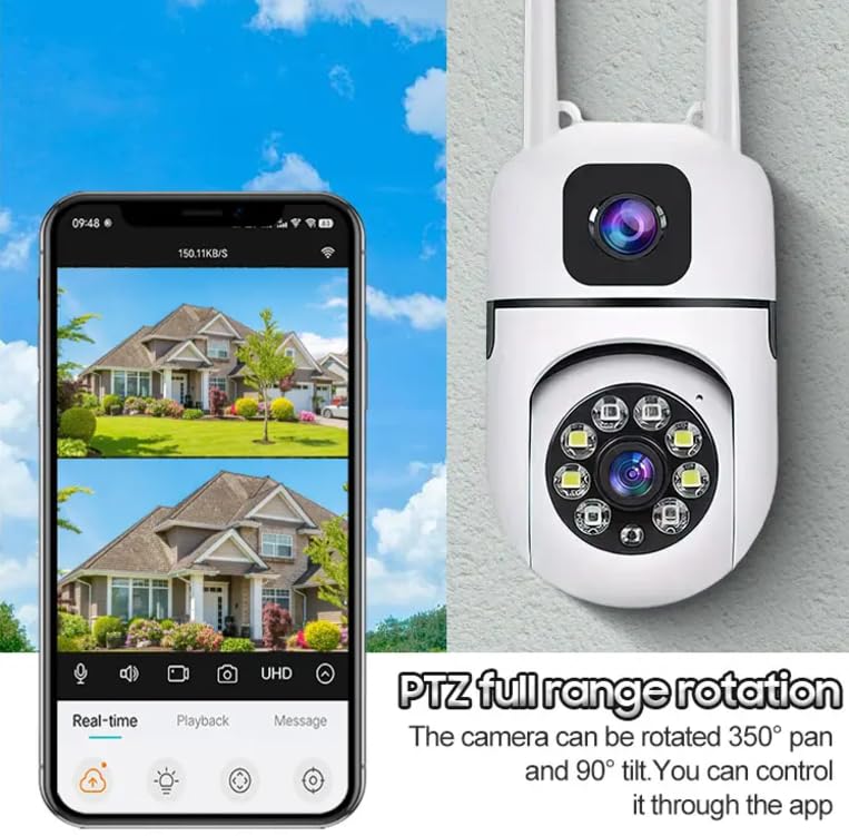 Image of securinnov 4+4MP Smart WiFi PTZ CCTV Camera for Home Outdoor | 1080p HD | Color Night Vision | Motion Detection | Two-Way Audio | Wireless Security Camera with Mobile App V380 Pro (Dual Lens Mini PTZ)