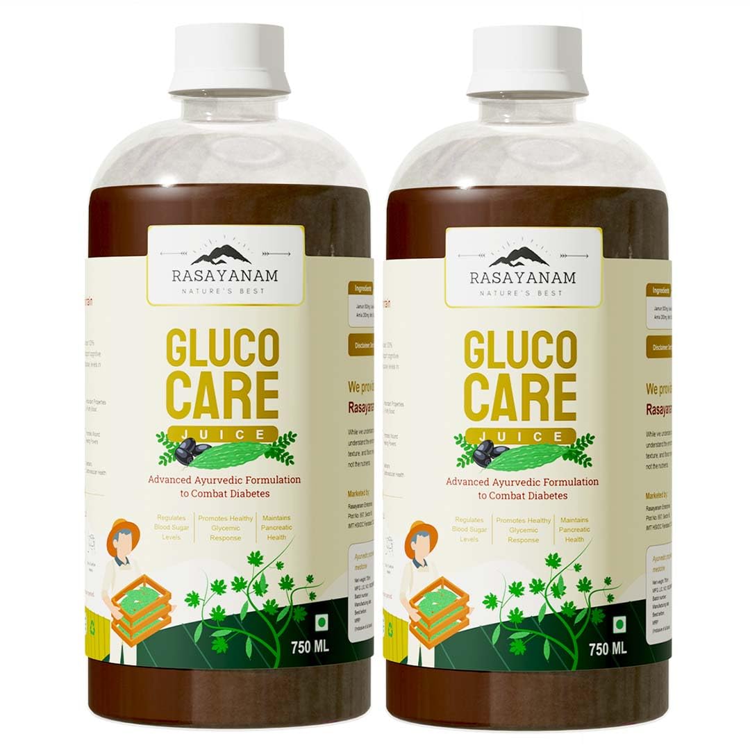 rasayanam glucocare juice for diabetes care - 750ml pack of 2 | jamun, karela, gudmar, methi, neem, amla, and banaba | helps increase natural insulin production & maintain healthy sugar levels