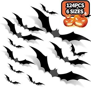 124PCS Bats Wall Decor 6 Sizes, Halloween Decorations PVC 3D Bats Stickers for Halloween Party Supplies, Scary Realistic Bats Decal Set, Halloween Bats Decor for DIY Wall Window Room Indoor Outdoor