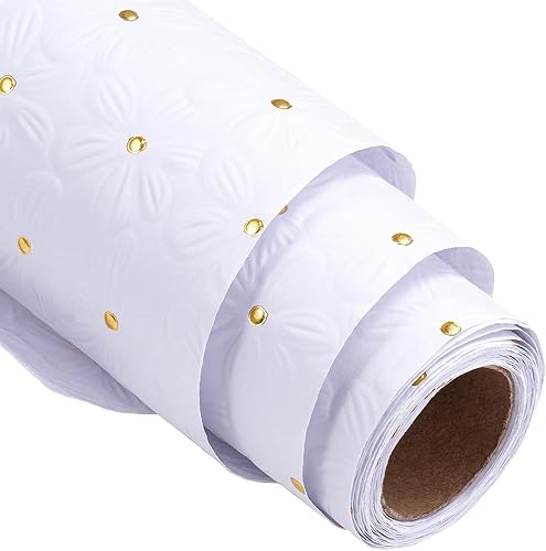 RUSPEPA Rollo de papel de regalo blanco, mini rollo, flor con diseño de puntos dorados, perfecto para bodas, cumpleaños, aniversarios, despedidas de