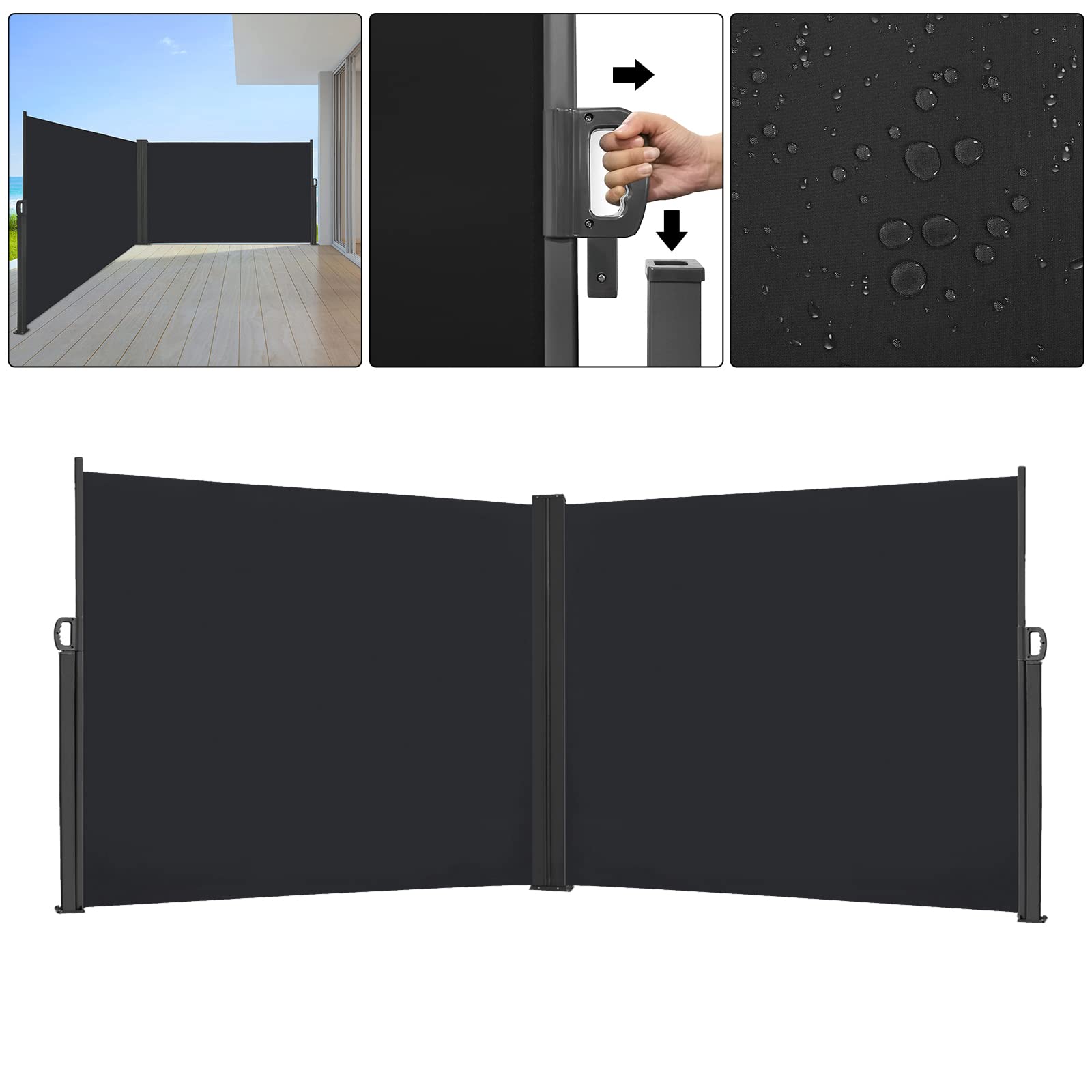 Paravent extérieur rétractable double noir 160 x 600 cm en polyester