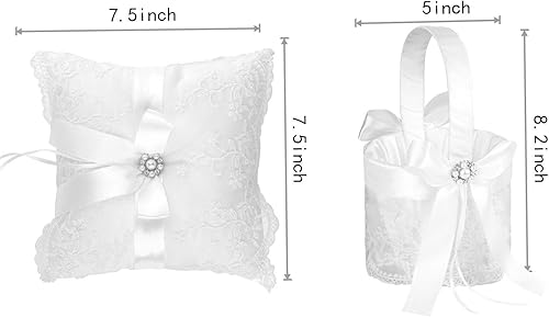 Miniatura 5 de TRUE LOVE GIFT Juego de almohada portadora de anillos y cesta de niña de flores de boda, diamantes de imitación de perlas, colección de encaje
