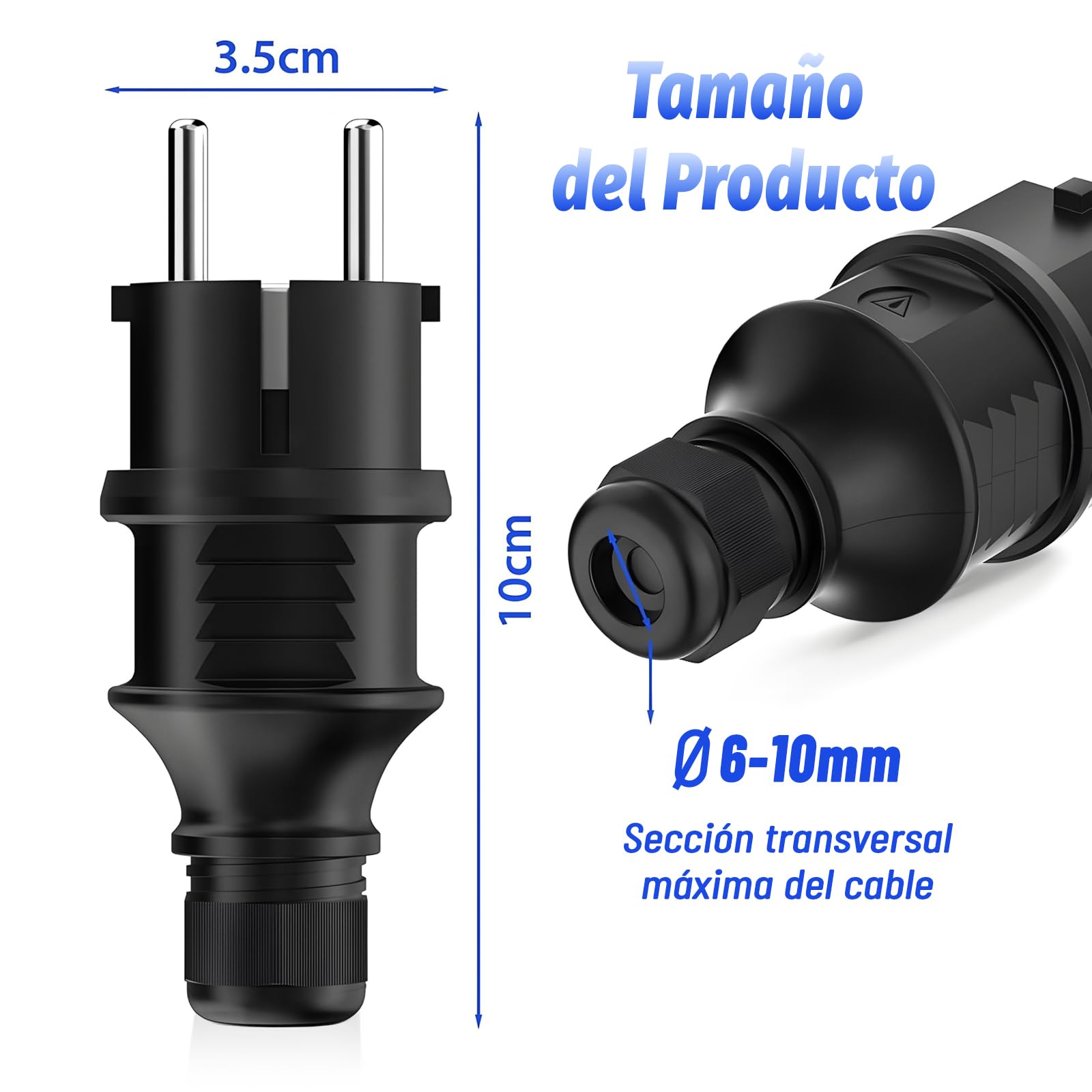 2 Piezas Enchufe de Schuko 250V 16A, Contacto Protector con Protección de Torsión, Clavija Enchufe Macho de Alimentación con Liberación de Tensión para Cables Interiores y Exteriores, Negro