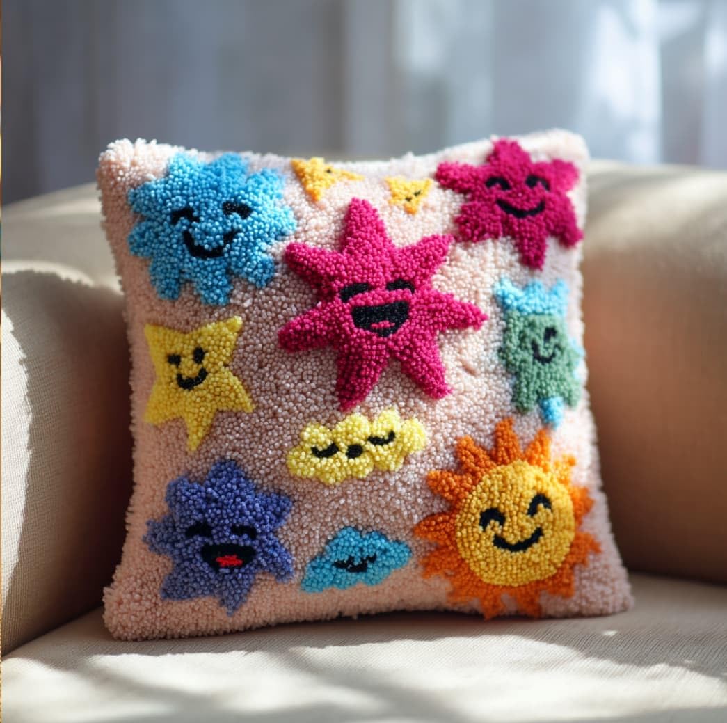 WallustrioaW DIY Latch Hook Pillow Kit,Cartoon Pillowcase Kits Embroidery Kits 17X17 Inch DIY Needlework Pillow Cover Sofa Cushion Rug Making