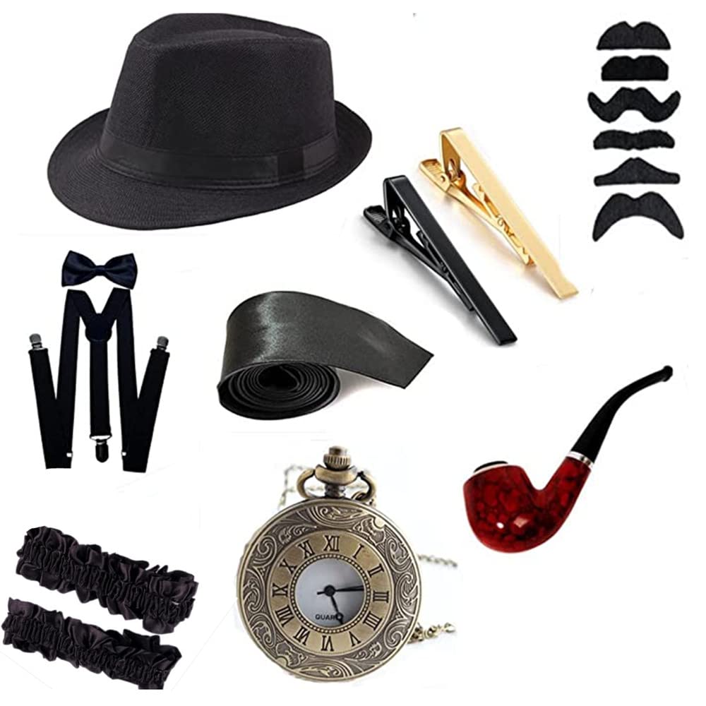 Men 1920s Accessories Party Costume Gangster Bow Tie Suspenders Fedora Hat Cigarette Holder Sets (Black)