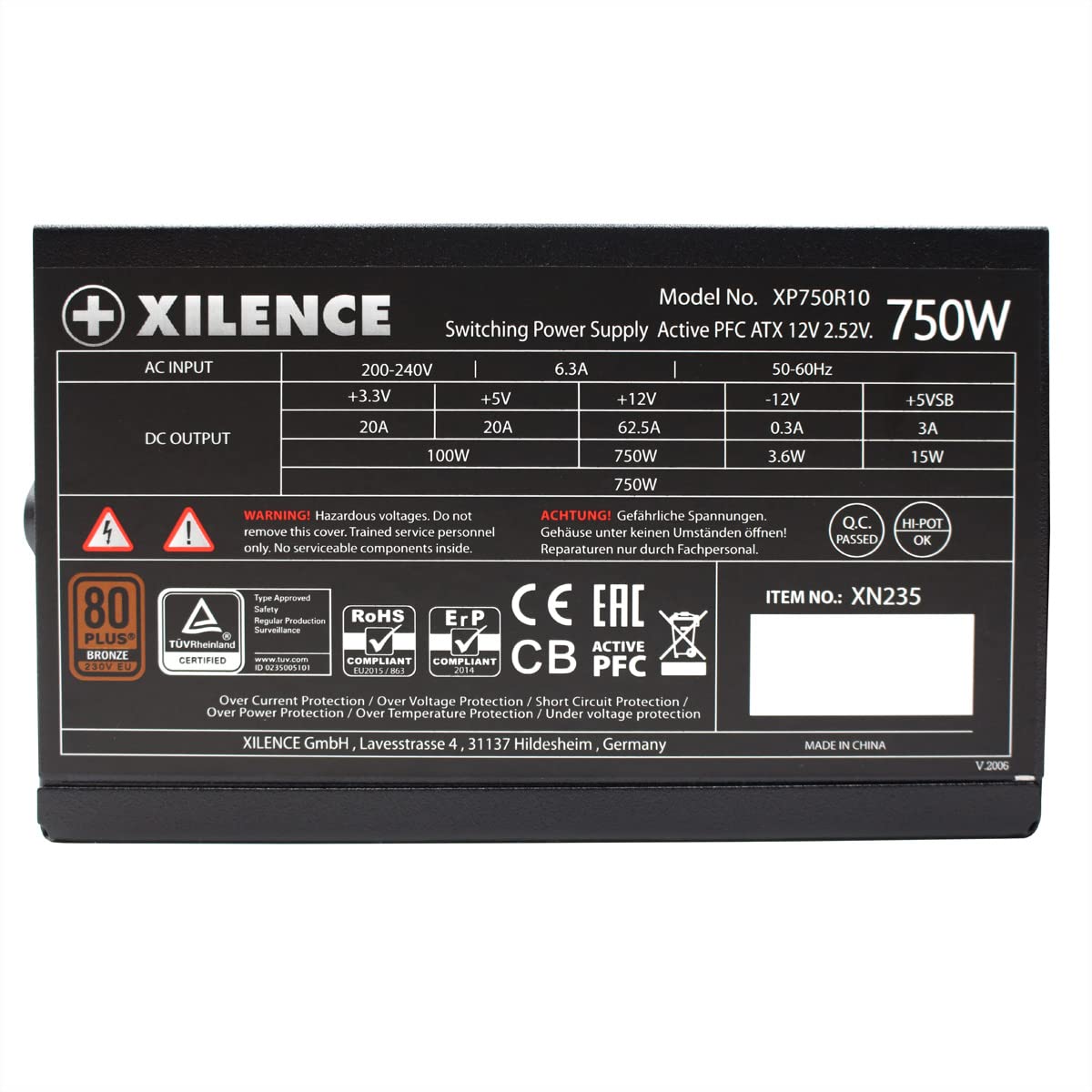 Xilence XP750R10 750W ATX PC Netzteil, 80+ Bronze, Gaming, non-modular, 1x 20+4PIN, 1x 4+4PIN, 1x 8PIN, 3x PCI-E 6+2PIN, 3x IDE 4PIN, 6x SATA 5PIN, leiser 120mm Lüfter, bis 550mm Kabellänge, schwarz
