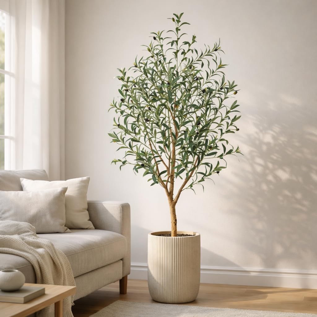 5FT Artificial Olive Tree, 160cm Tall Faux Olive Plant with Lifelike Fruits & Natural Wood Trunk, Adjustable Branches, Maintenance-Free Fake Tree in pot for Living Room, Home Office Indoor Decor
