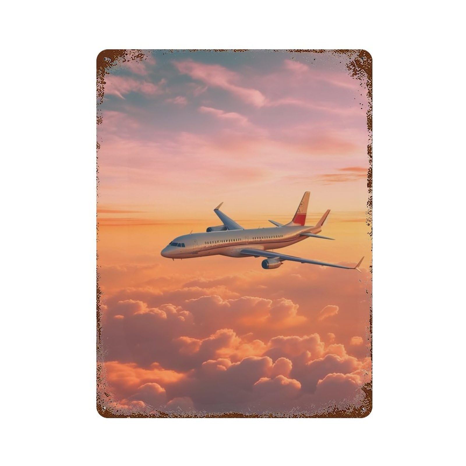 Plane Sunset 15.7"x11.8" Rust Effect Tin Sign, Industrial Home Decor for Living Room, Hallway And Home Decor