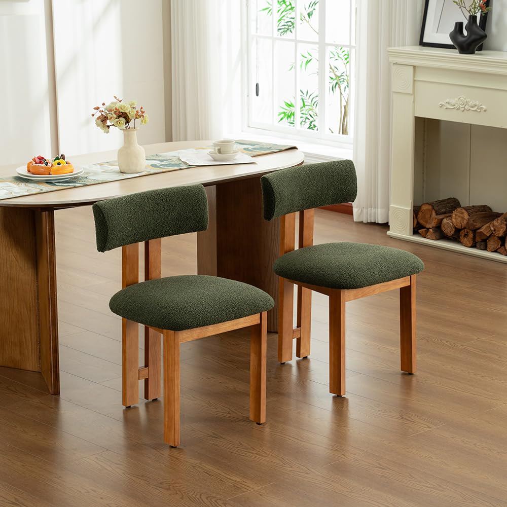 younturn Retro Mid Century Dining Chairs Set of 2, Boucle Upholstered Seats with Backrest and Solid Wooden Legs, Kitchen Chairs for Dining Room, Living Room, Olive Green