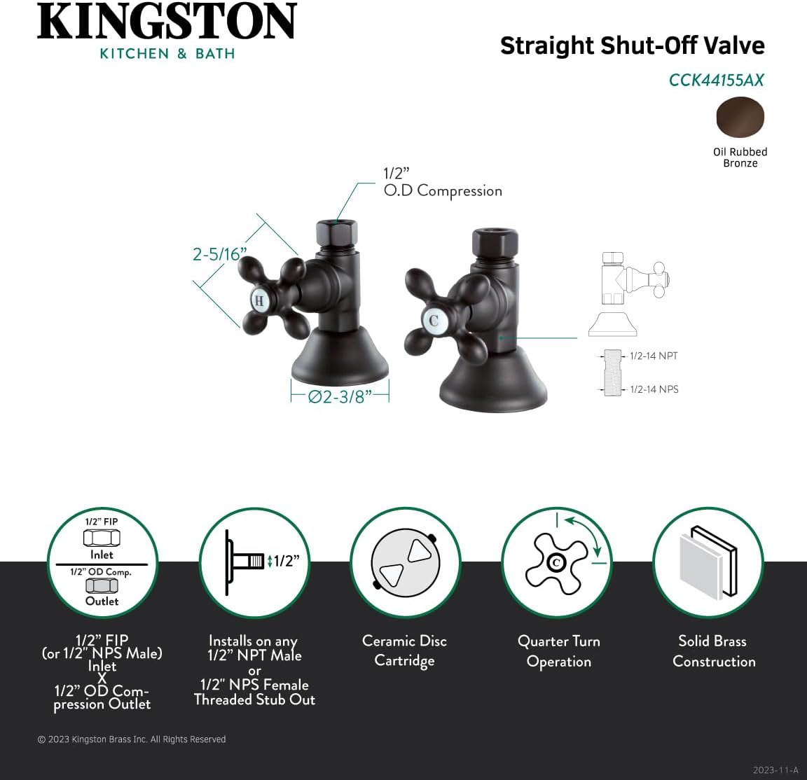 Kingston Brass CCK44155AX Straight Stop Shut-off Valve -Oil Rubbed Bronze
