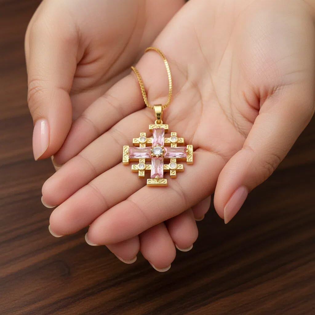 Nazareth Store 18k Yellow Gold Plated Crusaders Jerusalem Cross Pendant with Crystallized Topaz and 20" Necklace Chain