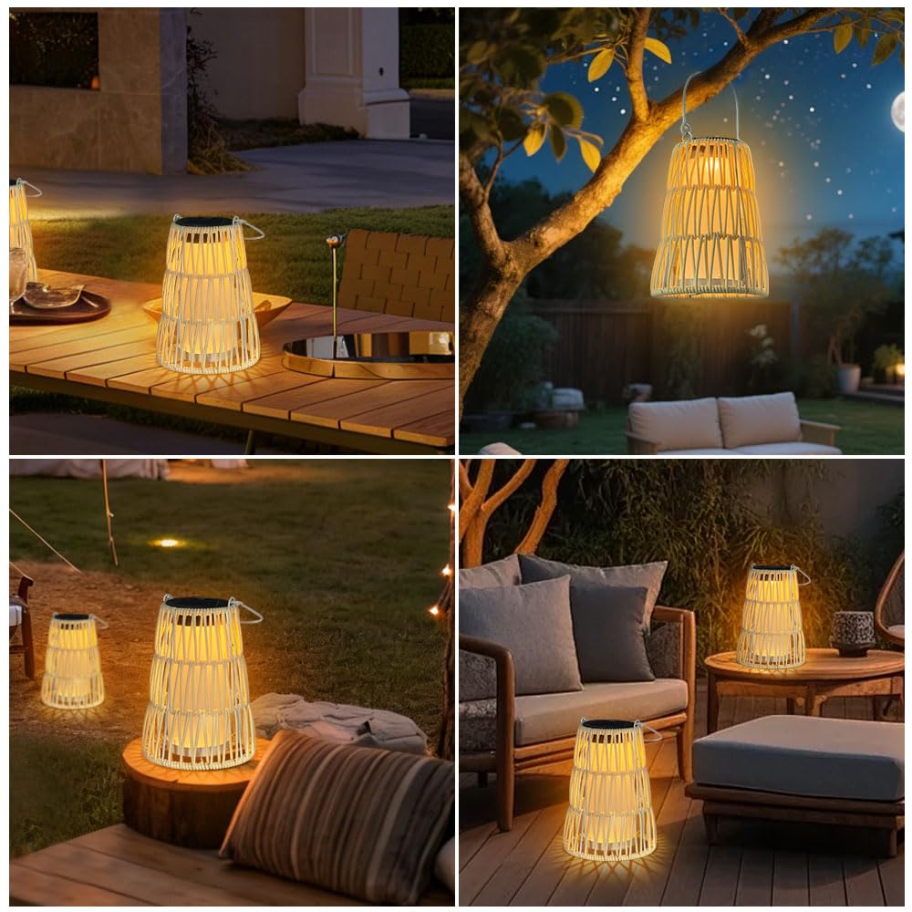Farolillos Solares Exterior Jardin,2 Ratán Lampara Solar Exterior,IP65 Impermeable Faroles Solares Colgantes,Solar Lights Outdoor,Luces Solares LED Exterior Jardin Decoración para Terraza Balcón Patio