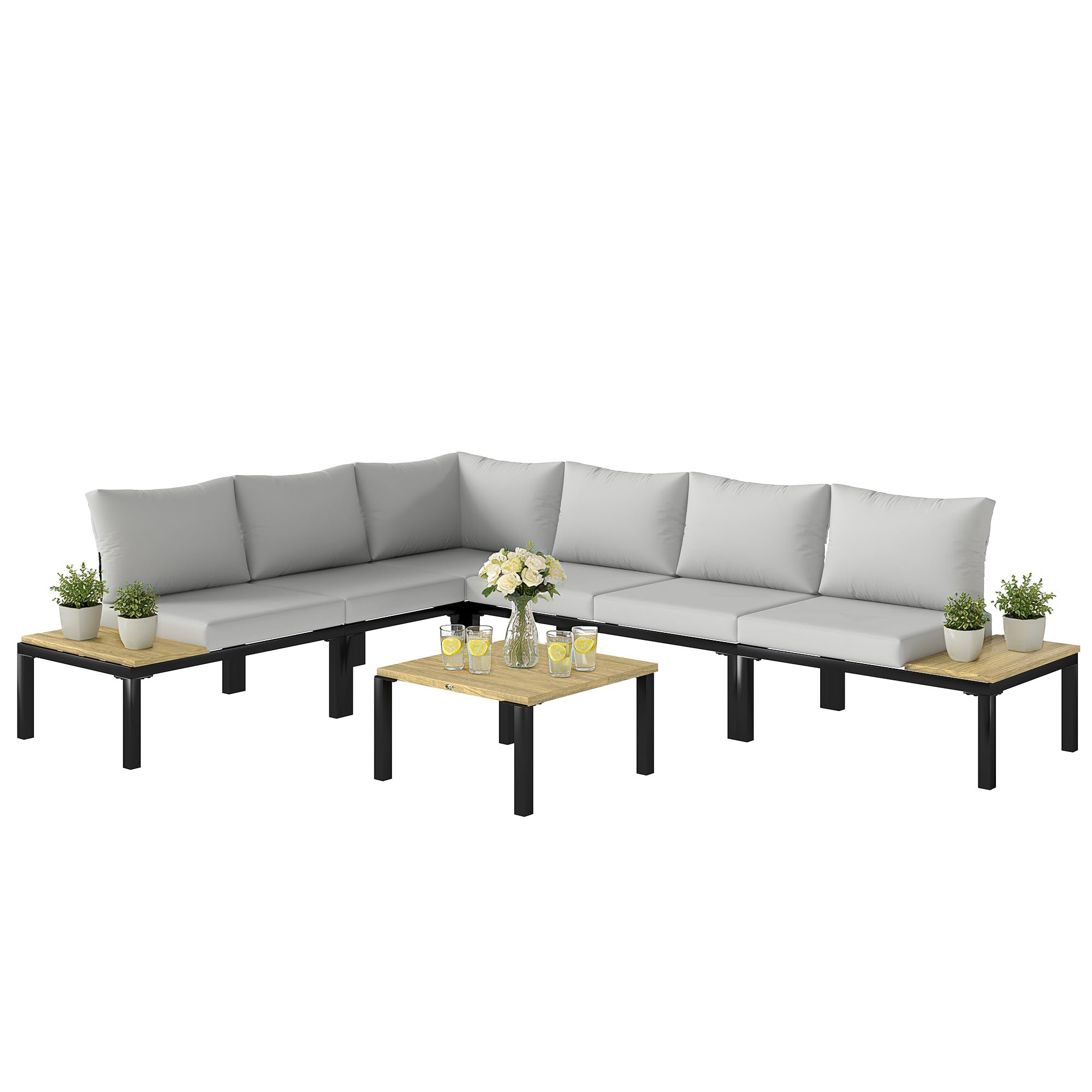 Outsunny Salon de Jardin Modulaire 6 Pièces Design Gris Anthracite | Mobilier de Jardin, Table Basse, Plateaux Latéraux, Ensemble Canapé Extérieur, Transformable en Lit, Terrasse Patio