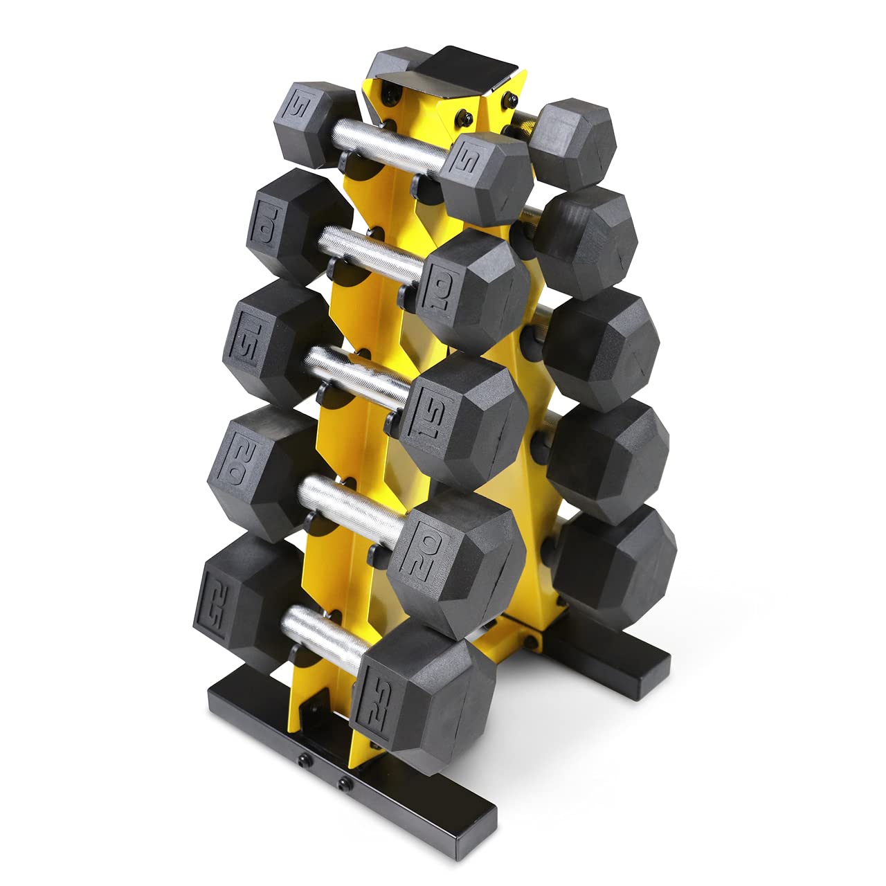 WF Athletic Supply 5-25Lb Rubber Coated Hex Dumbbell Set with A Frame Storage Rack Non-Slip Hex Shape for Muscle Toning, Strength Building & Weight Loss - Multiple Choices Available