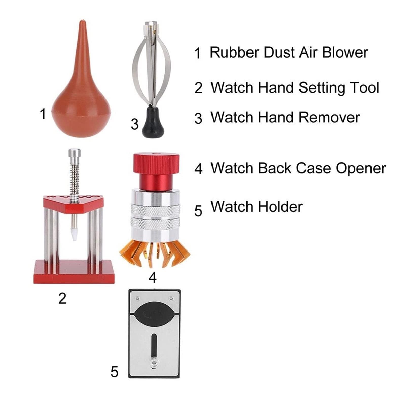 Kit di riparazione orologi da 5 pezzi, soffiatore d'aria for polvere di gomma, apricassa for fondello, strumento di impostazione delle lancette for orologiaio, kit di strumenti for la ripara