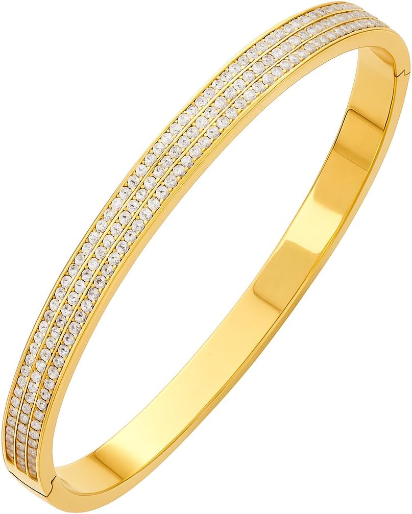 Dainty Crystal Accent Cubic Zirconia Bangle Bracelet for Women | Elegant Gold Plated Adjustable Cuff Jewelry Gift