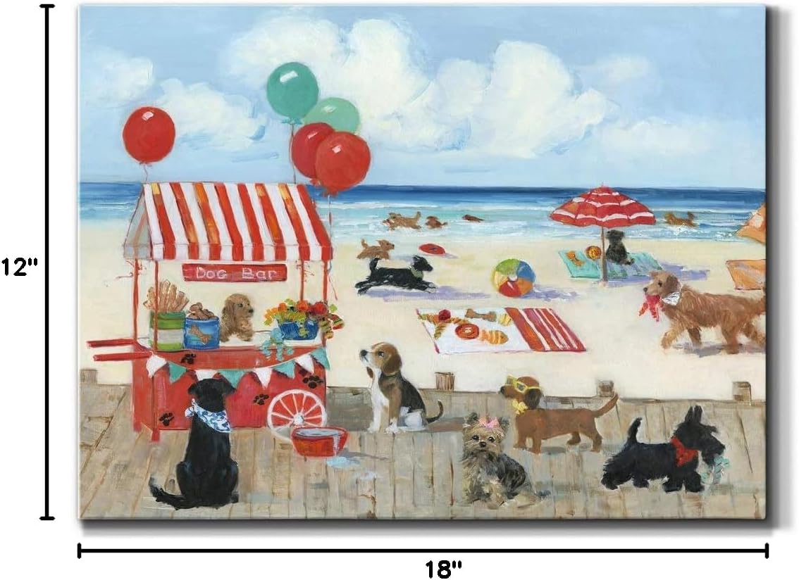 Renditions Gallery Beach Bark Park I Wall Art, Summer Dog Artwork, Colorful Assortment of Dogs at the Beach, Premium Gallery Wrapped Canvas, Ready to Hang, 12 in H x 18 in W, Made in America Print
