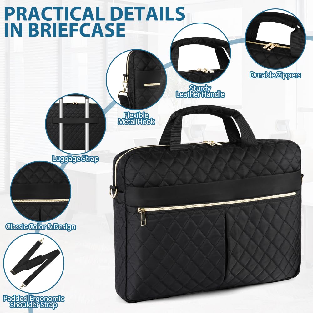 Borsa del Portatile, 15.6 Pollici Cartella per Laptop, Borsa da Lavoro Donna Impermeabile, Borsa Computer Grande con Tasche e Divisori Interni Imbottiti, con Tracolla, per Ufficio, Scuola, Nero