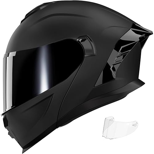 Motorcycle Helmet,Motorcycle Dual Visor Flip up Modular Full Face Helmet JR-815,DOT Approved Motorbike Helmet with 2 Visors for Adults Men Women(L,Matte Black-B)