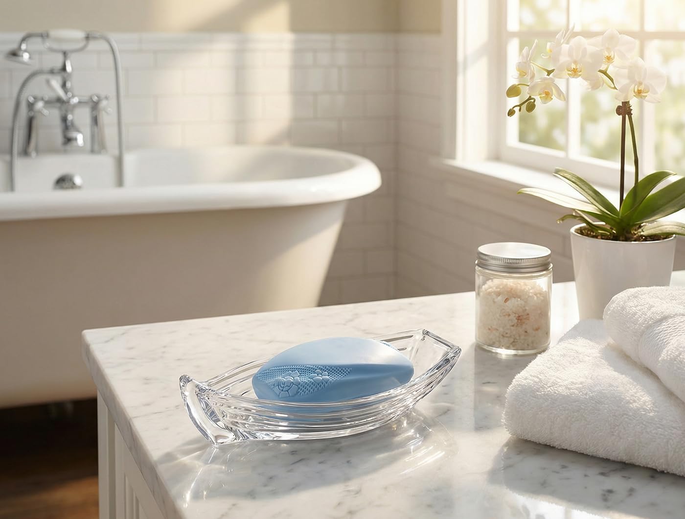 Portasapone decorativo a forma di barca con scarico in vetro trasparente, porta sapone pesante per bagno, lavello e cucina