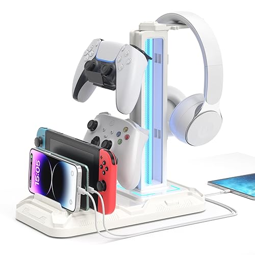 KDD Headset Stand with Charging Station - Detachable Controller Holder with 9 Light Modes - Rotatable Headphone Hanger with USB A&C Charger Ports - Earphone Hook for PC Gaming Accessories Storage - White