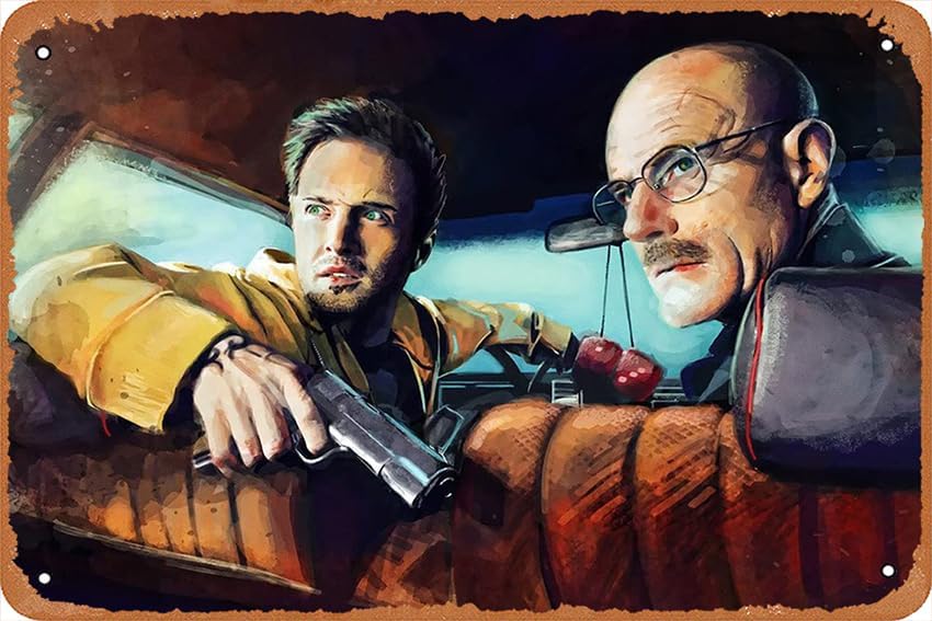 Breaking Bad Walter White Jesse Pinkman Gun Car Poster Cartel de pared de estaño, pintura retro de hierro, decoración de placa de metal vintage,
