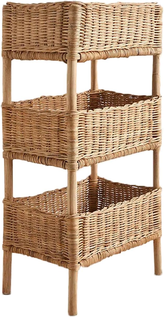 天然手作り籐ランドリーバスケット 3 段収納棚自立洋服かご