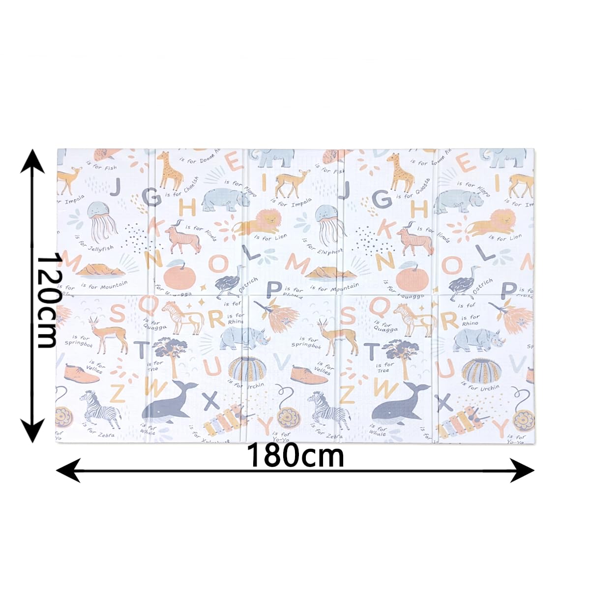 Primabobo Mata Piankowa do Zabawy 120x180cm, Duża Edukacyjna Mata Podłogowa dla Niemowląt, Wzór Alfabet i Zwierzątka Safari, Gruba Powierzchnia Izolująca, Wodoodporna, Pastelowy Design