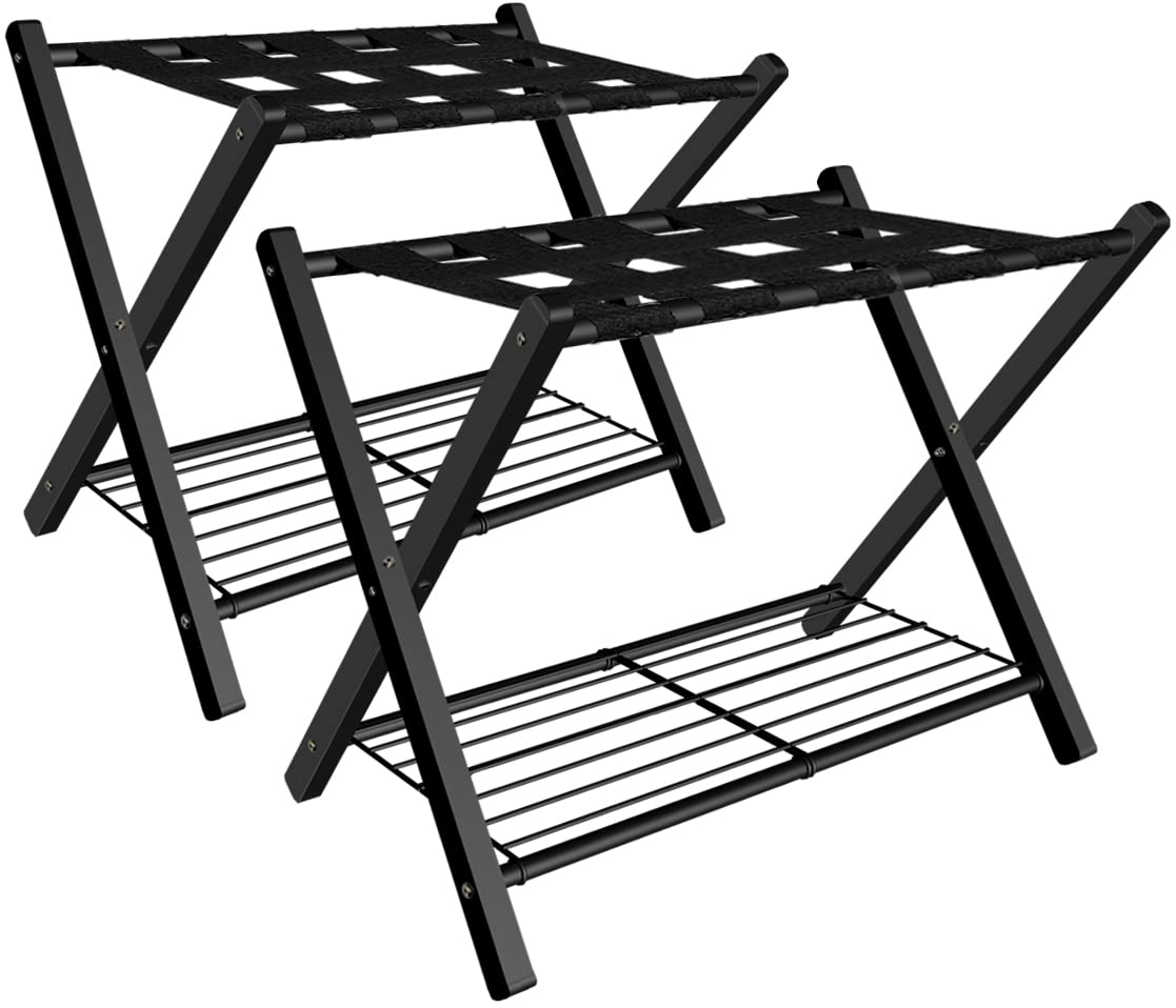 Fandature Folding Luggage Rack for Guest Room, Metal Foldable Suitcase Stand Holder with Metal Shelf for Bedroom, Black, 2pack