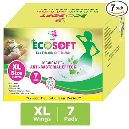 ECOSOFT PREMIUM SANITARY PADS Organic Cotton sanitary pads 100% BIODEGRADABLE ISO 9001-2015 and ISO 14001-2015 CERTIFIED XL SIZE-260mm. (7) PADS
