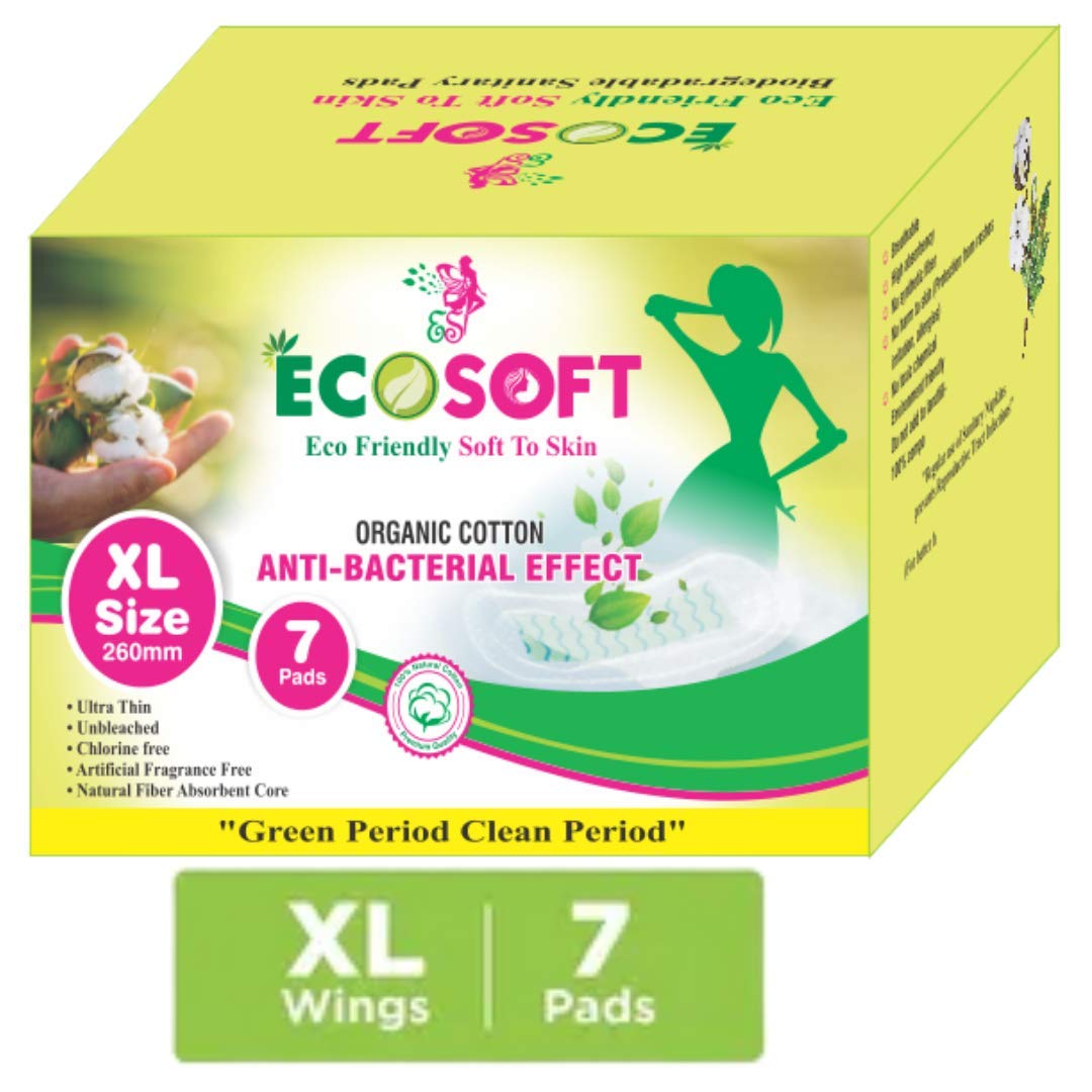 Organic Cotton sanitary pads 100% BIODEGRADABLE ISO 9001-2015 and ISO 14001-2015 CERTIFIED XL SIZE-260mm. (7) PADS