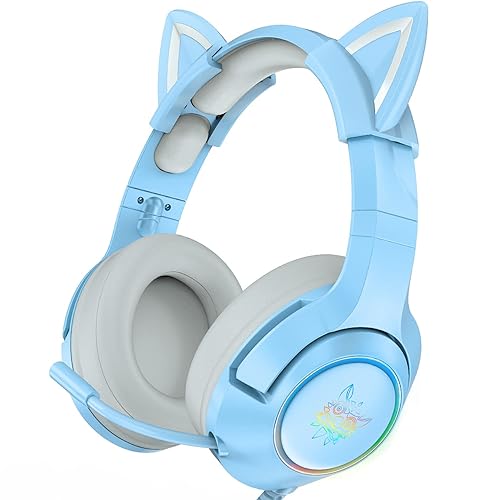 SIMGAL Blue Gaming Headset with Removable Cat Ears, Compatible with PC PS4 PS5 Xbox One(Adapter Not Included) Mobile Phones, with Surround Sound, RGB Backlight & Retractable Microphone - Blue