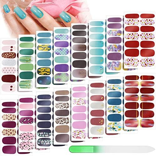 224 Pieces 16 Sheets Full Nail Wraps Nail Polish Stripes Nail Art Polish Stickers Self-Adhesive Nail Art Decals with Nail File Manicure Kit for Women Girls DIY Nail Art (Mixed Adornment Series)