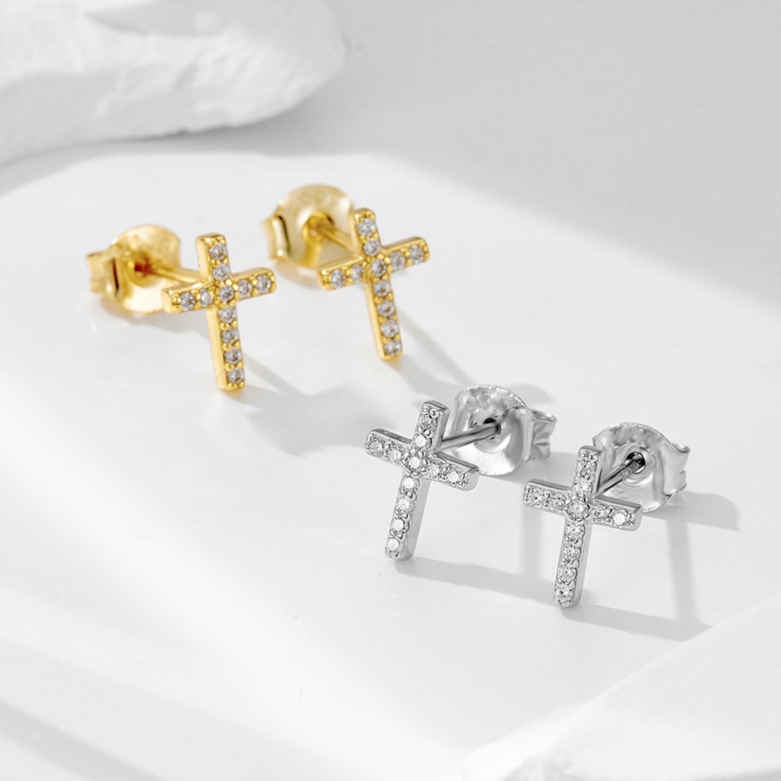 Orecchini a Lobo Donna 14K 585 Oro Bianco, Orecchino Lobo Donna Ipoallergenici Semplici Design A Croce con Moissanite Rotondi Orecchini a Bottone per Sposa Matrimonio