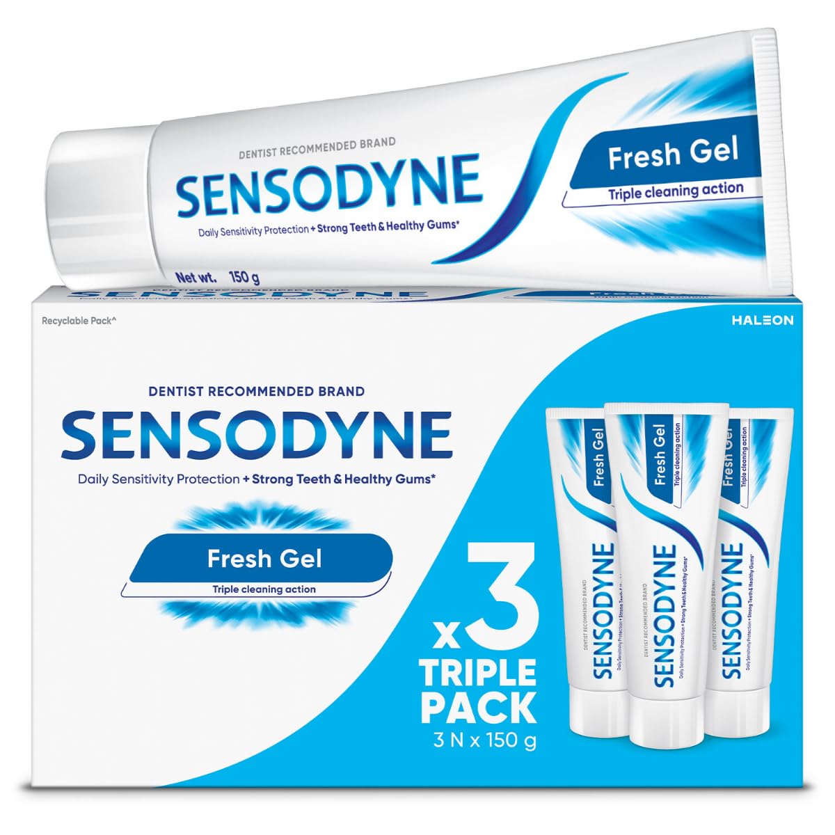 Sensodyne Toothpaste Fresh Gel | Daily Sensitivity Relief Tooth Paste Combo Pack - 450gm (150gm x 3) | Dentist Recommended | Everyday Use Paste, Fresh Breath, Fights Tooth Decay, Maintain Healthy Gums