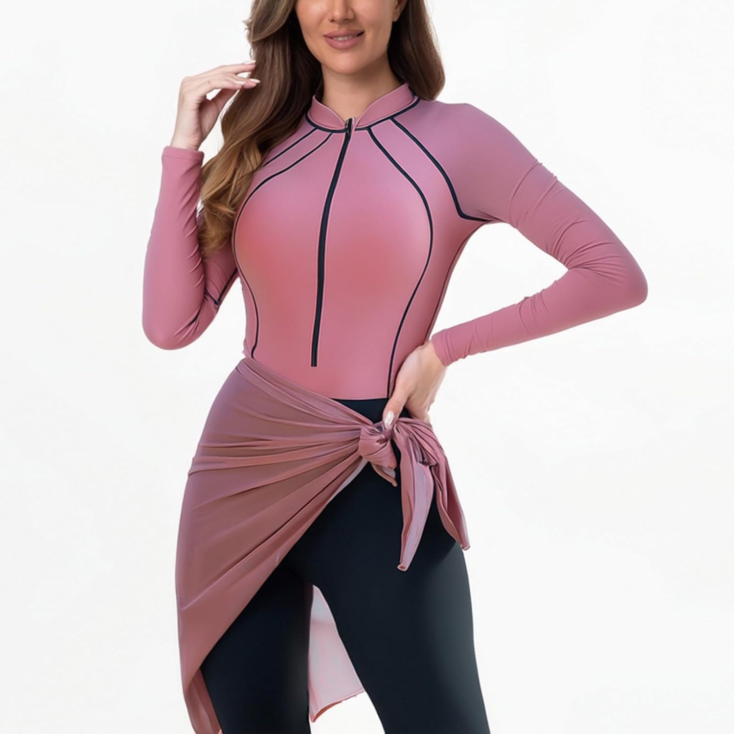 HGps8w Women's Long Sleeve Rash Guard Sets Zipper Swimsuits with Sarong Cover up Wrap Skirt Full Coverage Bathing Suits