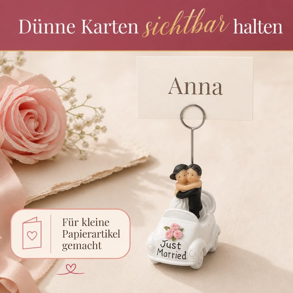 MIJOMA Lot de 12 porte-cartes de table de mariage Just Married Voiture avec couple de mariés – Décoration de table de mariage Porte-cartes de place en polyrésine peinte à la main 8 cm de haut