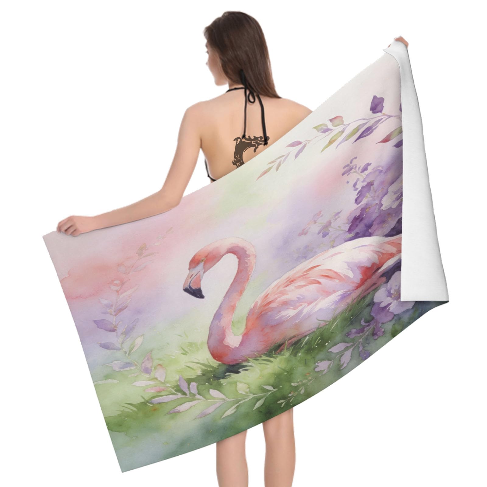 Leichong 3D Flamingo Illustration Beach Towel Microfiber Soft Quick Dry for Adults, Art Illustration Bath Towel Lightweight Soft Absorbent for Travel Swimming Pool Sports, 75 x 150 cm