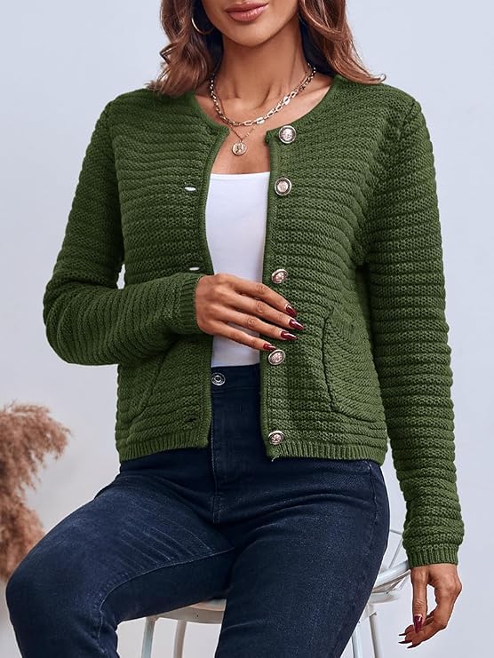 Saodimallsu Damen Kurz Strickjacke Langarm Cardigan Rundhalsausschnitt Knopfleiste Strickweste Vintage Trachtenjacke Elegante Oberteil mit Taschen Grün M
