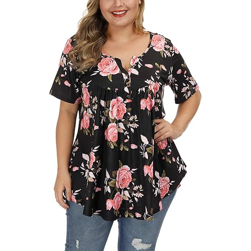 ALLEGRACE Women's Plus Size Floral Blouses Henley V Neck Button Up Tunic Tops Ruffle Flowy Short Sleeve T Shirts