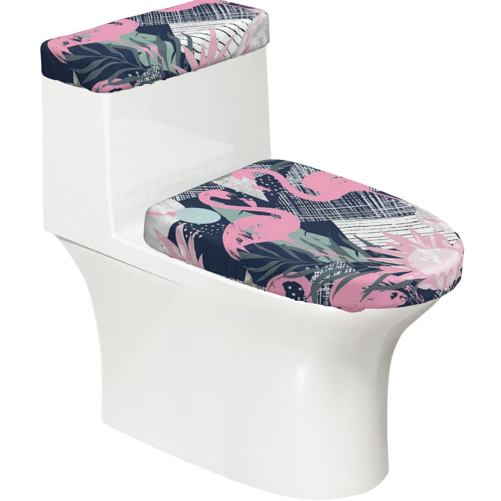 Pink Flamingo And Leaves Print Bathroom Decor Toilet Lid Cover And Tank Covers, Restroom Accessories Fits Most Round