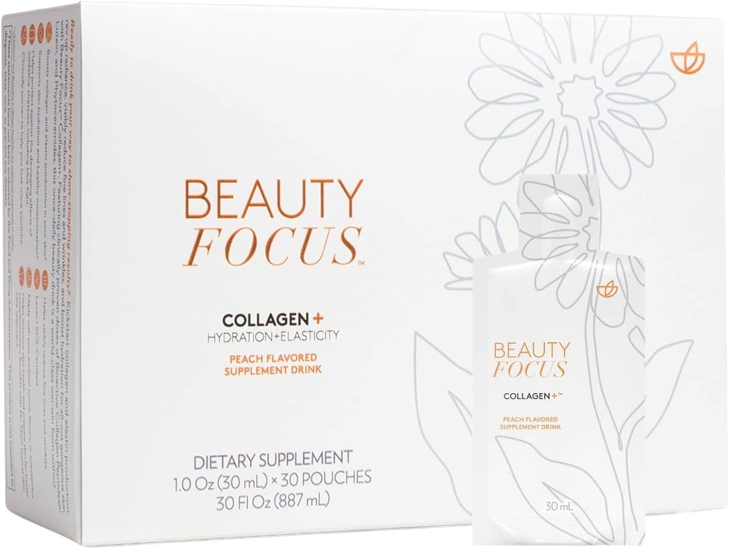 Nu Skin Beauty Focus Collagen+ | Marine Collagen Liquid Supplement with Lutein & Wheat Lipids | Supports Skin Hydration, Elasticity & Smooth Appearance | 30 Pouches | Peach