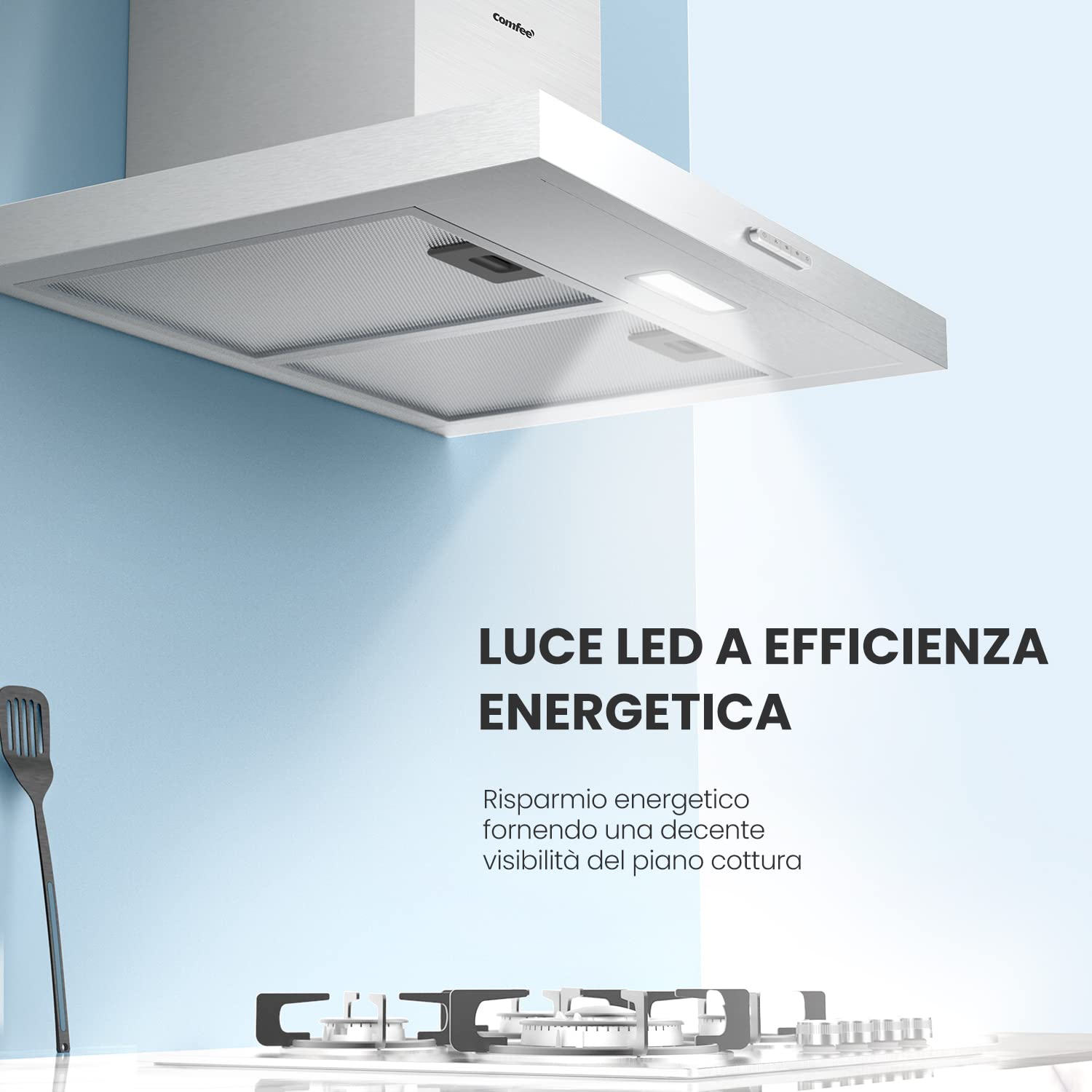 COMFEE' Cappa Aspirante 60 TSHM17SS-60 Acciaio Inossidabile Cappa Cucina Con LED, Sistema Di Ricircolo E Canalizzazione E Filtri A Carbone
