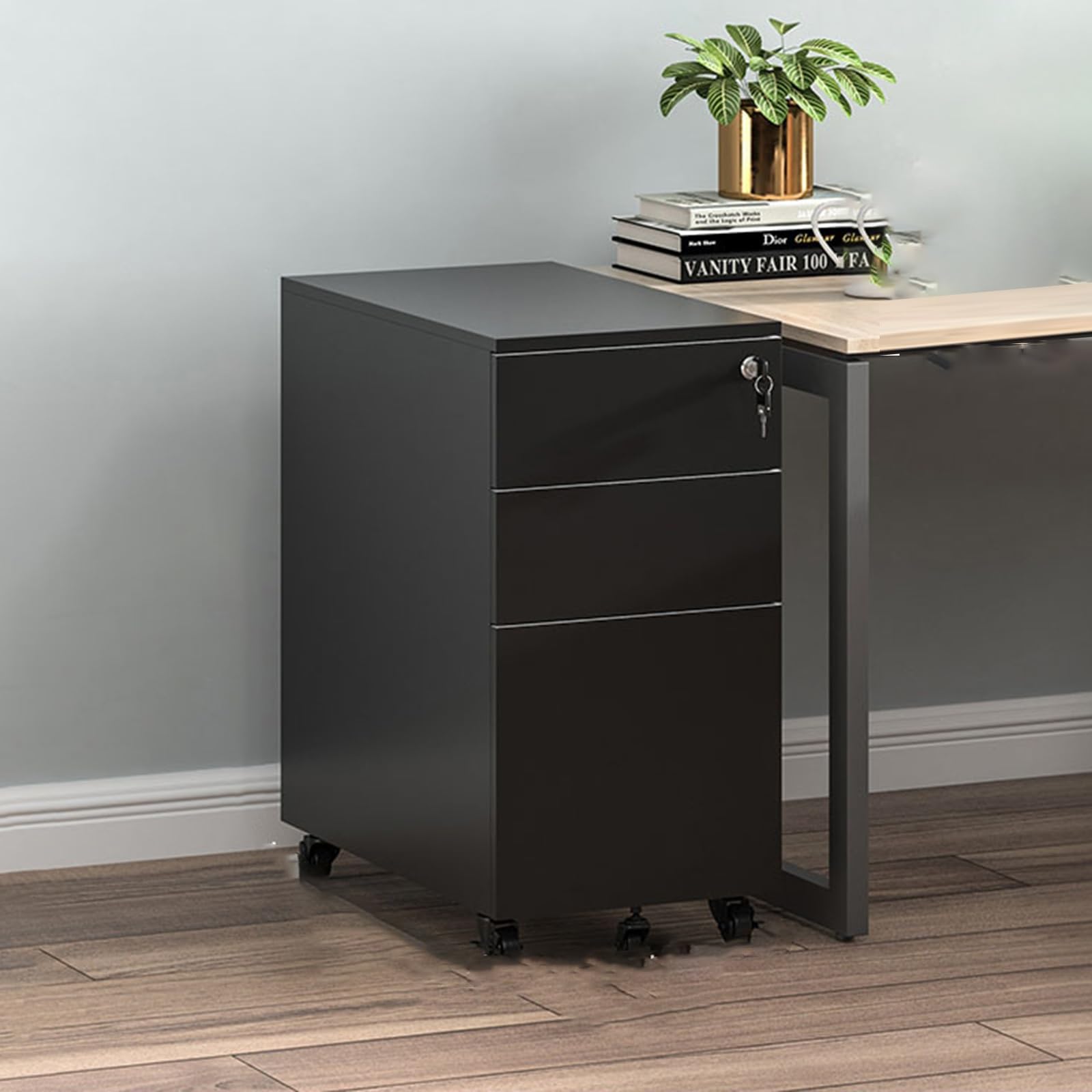 SaryEdge Mobile File Cabinet with Locking Drawers for Home Office Modern A4 Storage Under Desk Keyed Filing Cabinet for Office Stylish Document Storage Solution,Black-30 * 50 * 60cm