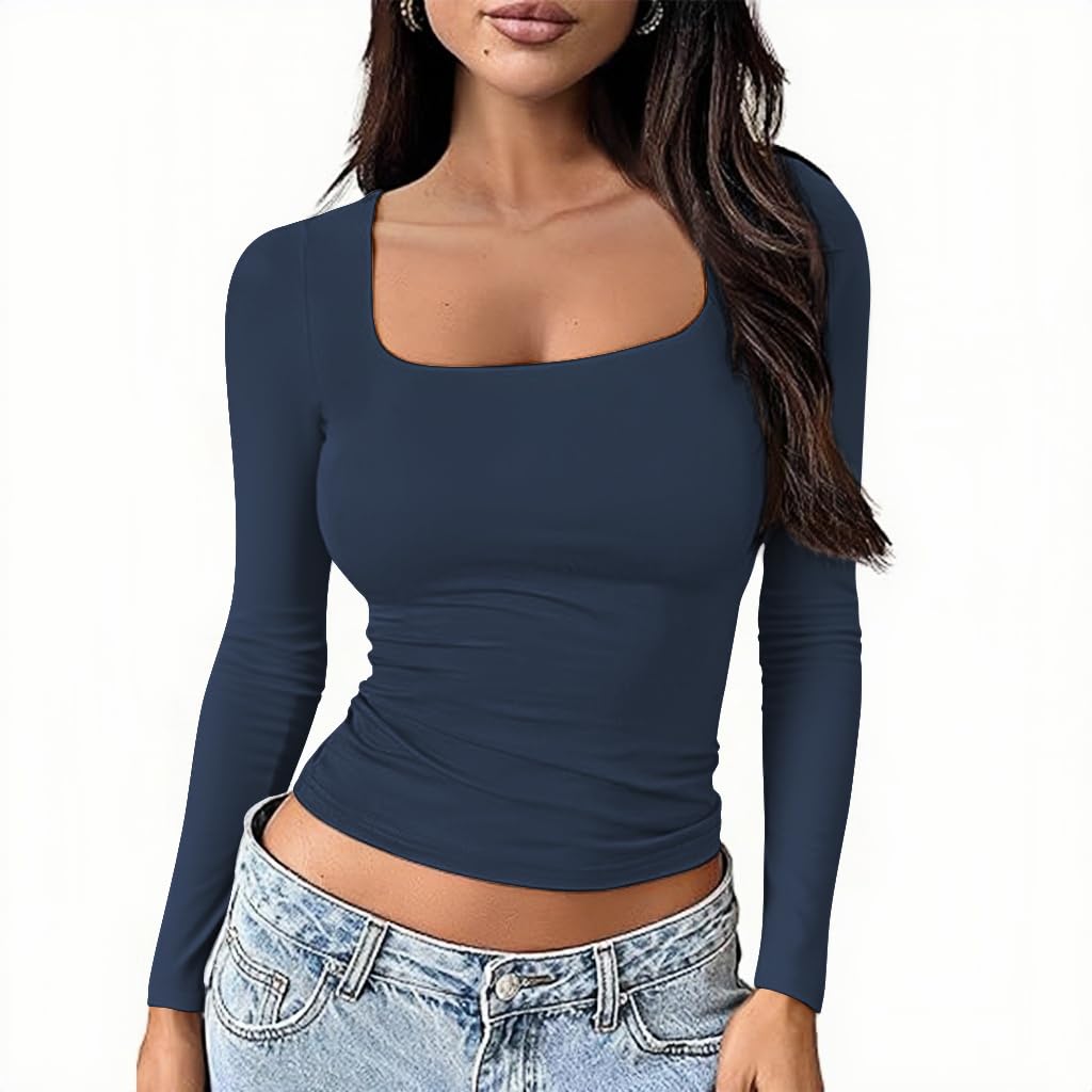 OOHOKAY Langarmshirt Damen U-Ausschnitt Basic Oberteile Y2K Slim Fit Tshirt Crop Tops Lässige Streetwear