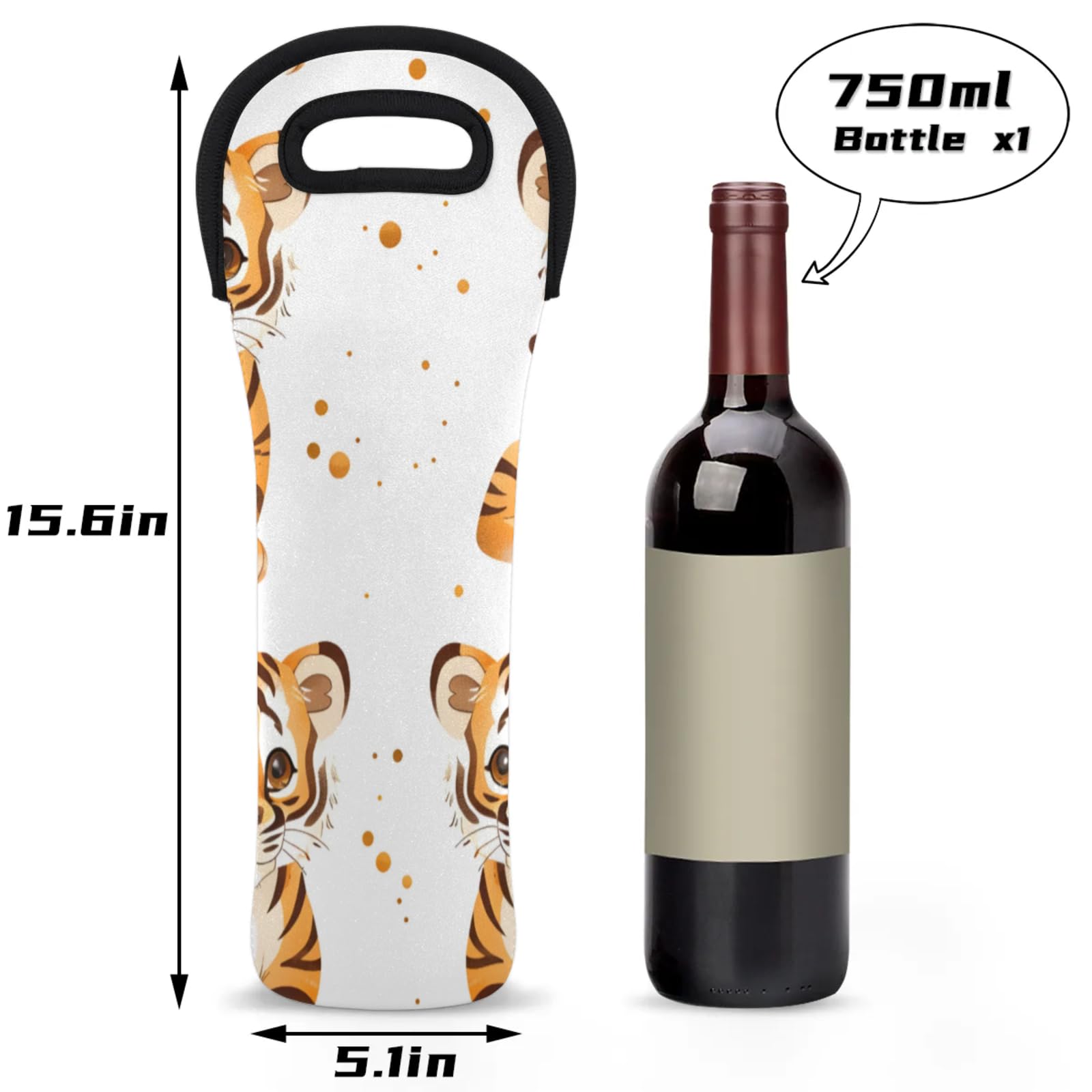 Neoprene Wine Tote Carrier Bag for Wine,Water, Champagne, Beer, Baby Bottles 15.6 x 5.1 Inches, Protective Wine Bag,Tigers