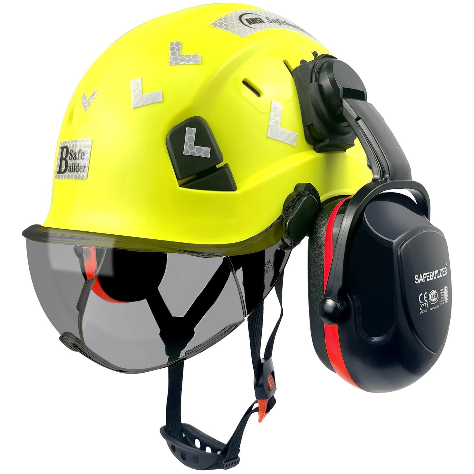 SAFEBUILDER Hard Hat with Visor Ear Muffs Safety Helmet Lightweight Adjustable Vented Work Helmet 6-Point Suspension ANSI Z89.1 Approved Construction Head Protection